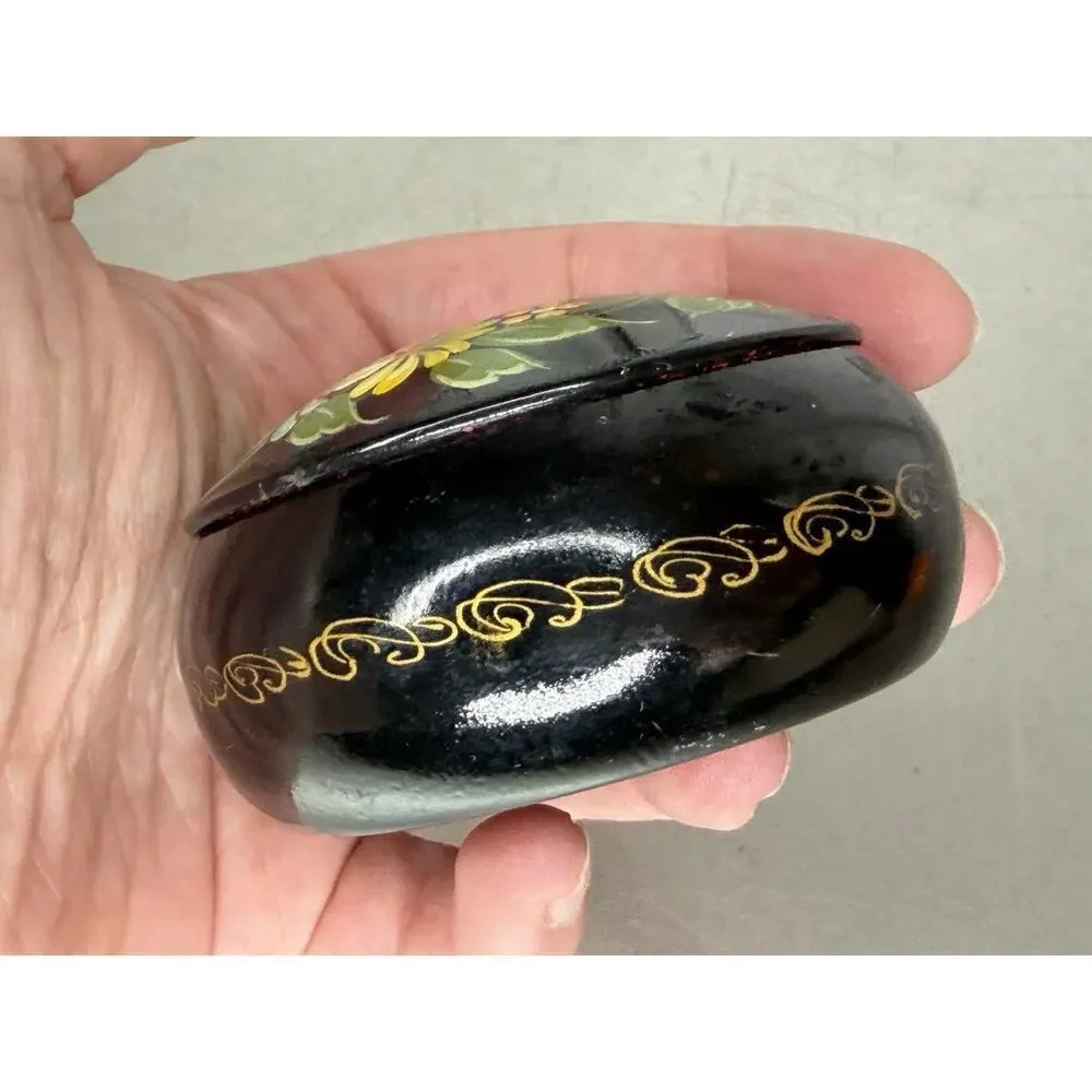 VTG Russian Black Round Metal Trinket Box Hand Painted Flowers Red Interior